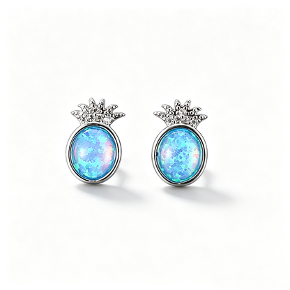 Women's Pineapple Shape Oval Opal Stud Earrings With Round Zirconia Accent, with White Gold Plating
