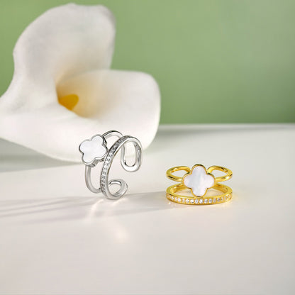 Women's Adjustable Double Layer Four‑Leaf Clover Ring With Round Zirconia & White shell Inlay, S925 with Gold Plating