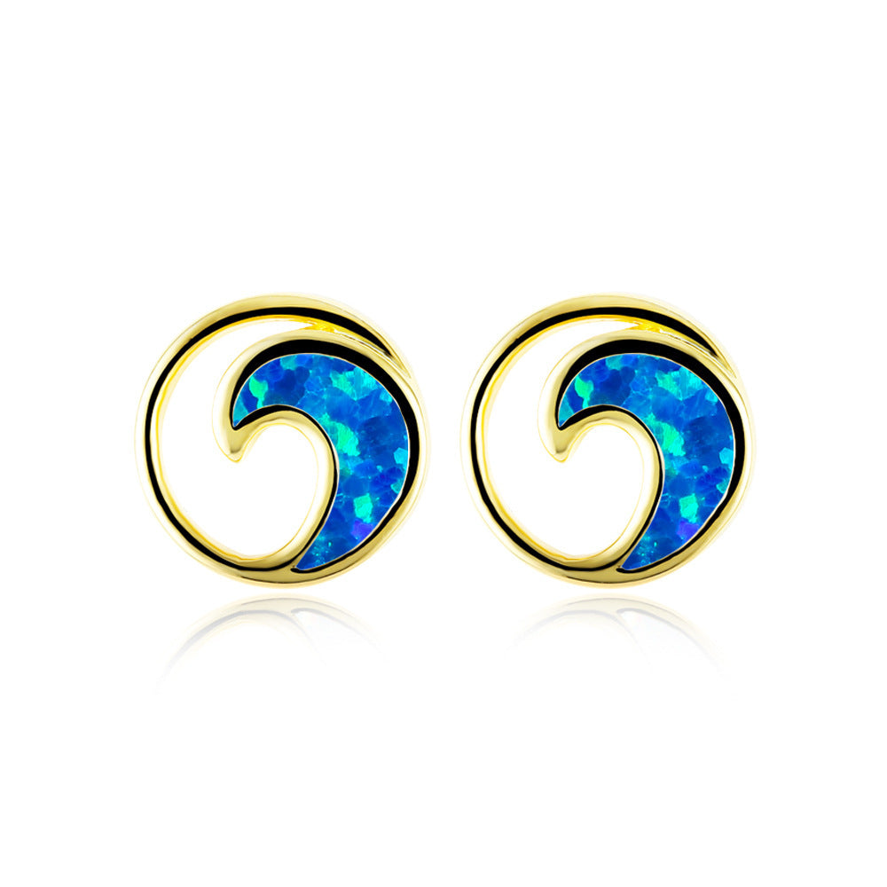 Women's Round Ocean Wave Opal Stud Earrings, Inlaid with Blue Opal & White Opal, with White Gold Plating / Gold Plating