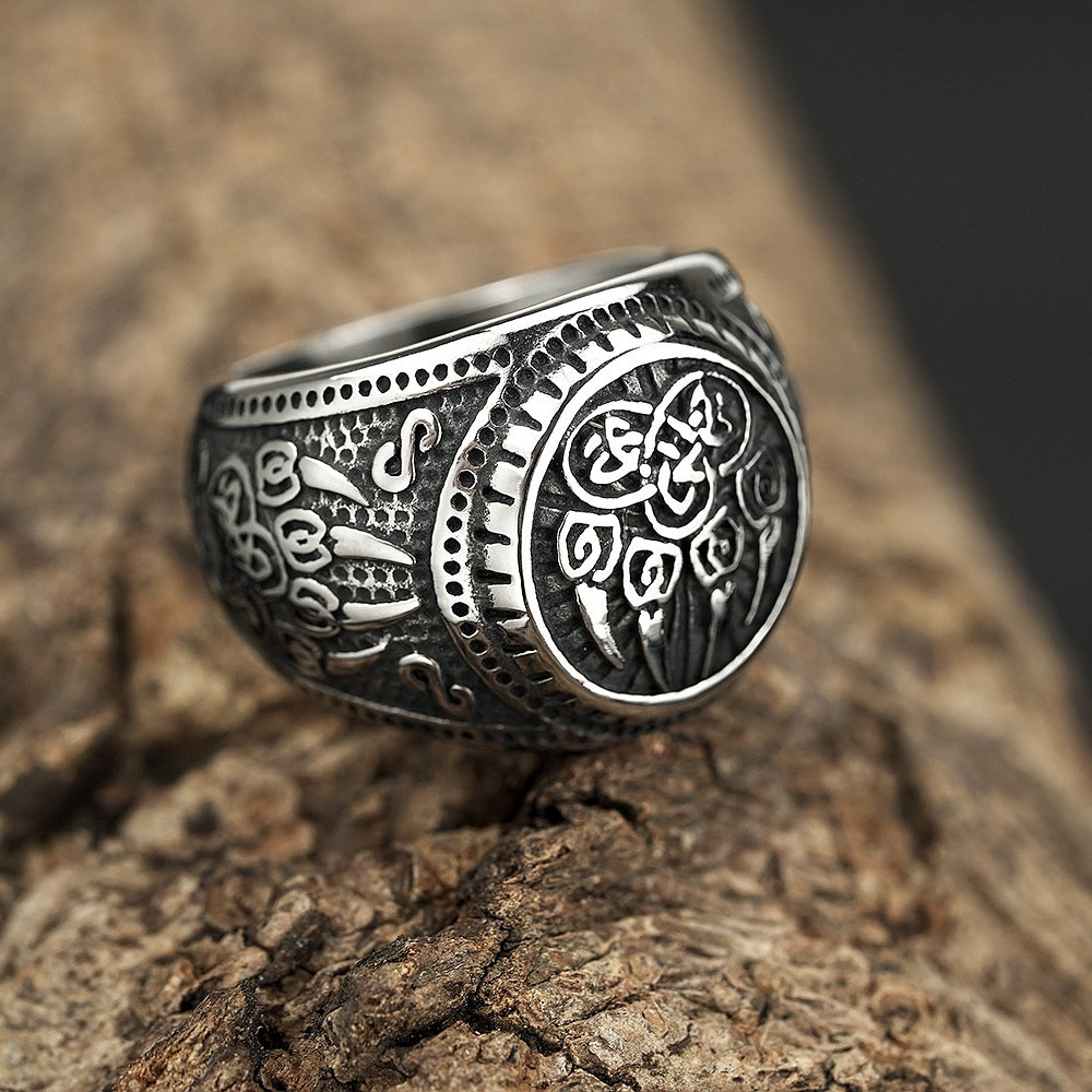 Vintage Nordic Stainless Steel Viking Bear Paw Rune Ring for Men, Hip Hop Style