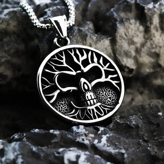 Men's Steel Vintage Round Skull Pendant Necklace