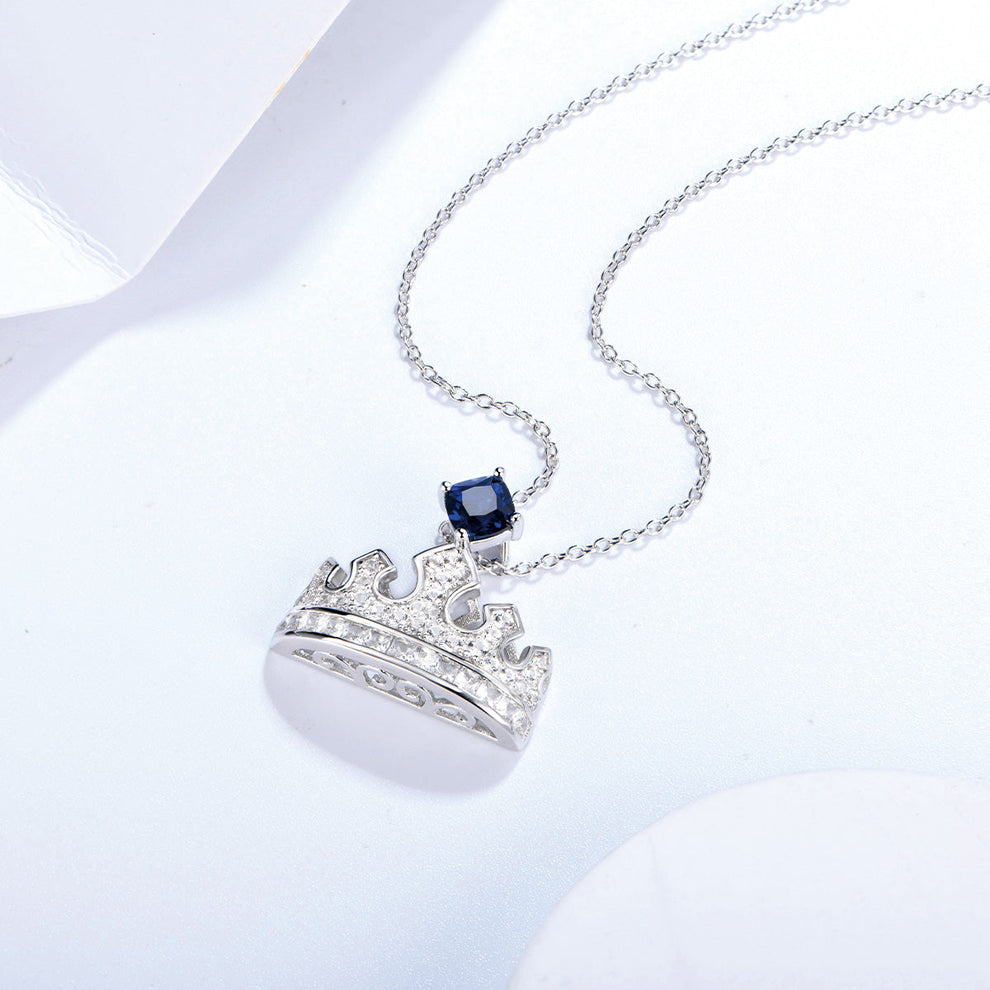 Women's Sterling Silver Necklace with Square Blue Sapphire Full Diamond Crown Pendants