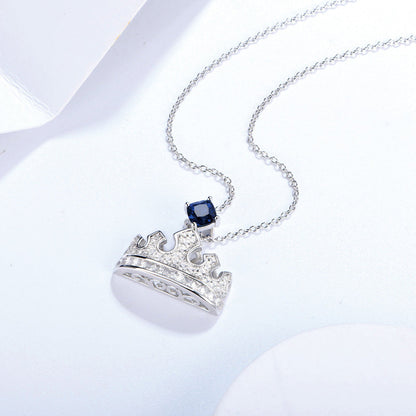 Women's Sterling Silver Necklace with Square Blue Sapphire Full Diamond Crown Pendants