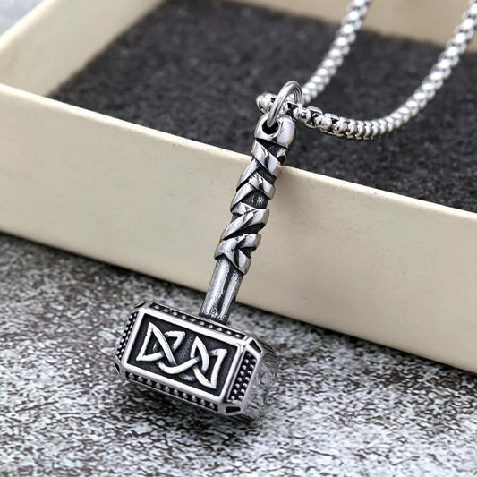Vintage Stainless Steel Viking Pattern Hammer Pendant Necklace for Men
