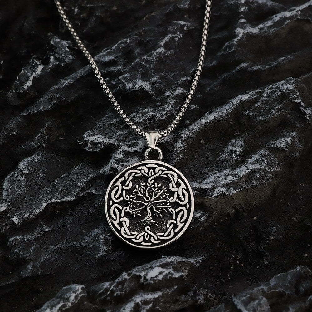 Men's Steel Viking Tree of Life Round Retro Hip Hop Jewelry Pendant Necklace
