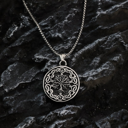 Men's Steel Viking Tree of Life Round Retro Hip Hop Jewelry Pendant Necklace