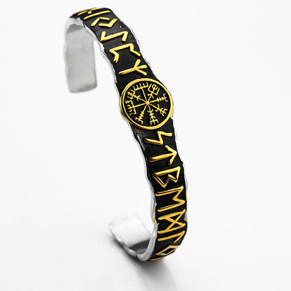 Nordic Pirate Retro Viking Rune Symbols Open C Bracelet for Men, Vintage Stainless Steel Cuff Bangle