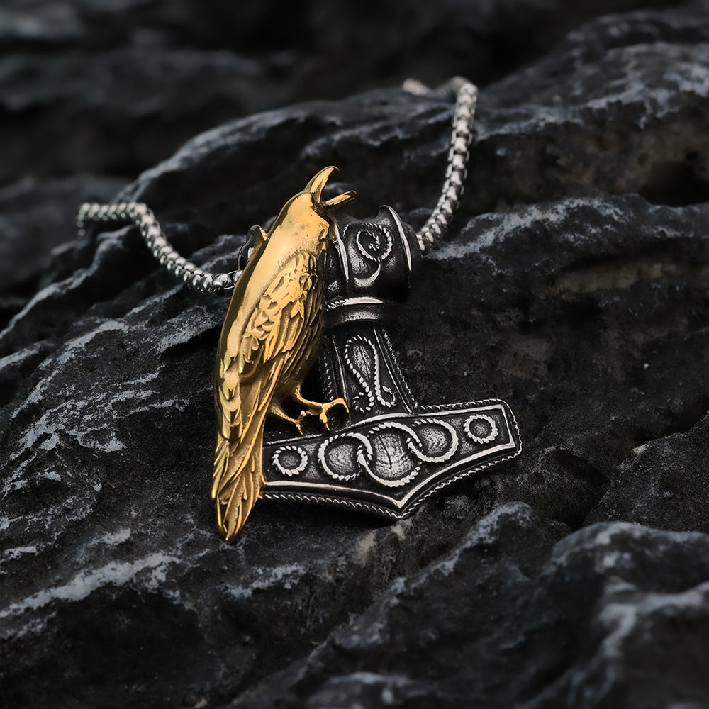 Vintage Stainless Steel Viking Raven and Anchor Combo Pendant Necklace for Men