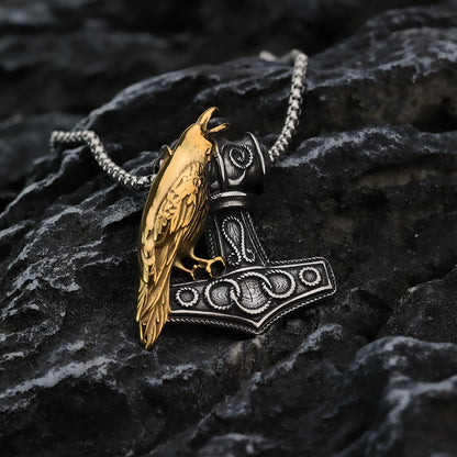 Vintage Stainless Steel Viking Raven and Anchor Combo Pendant Necklace for Men