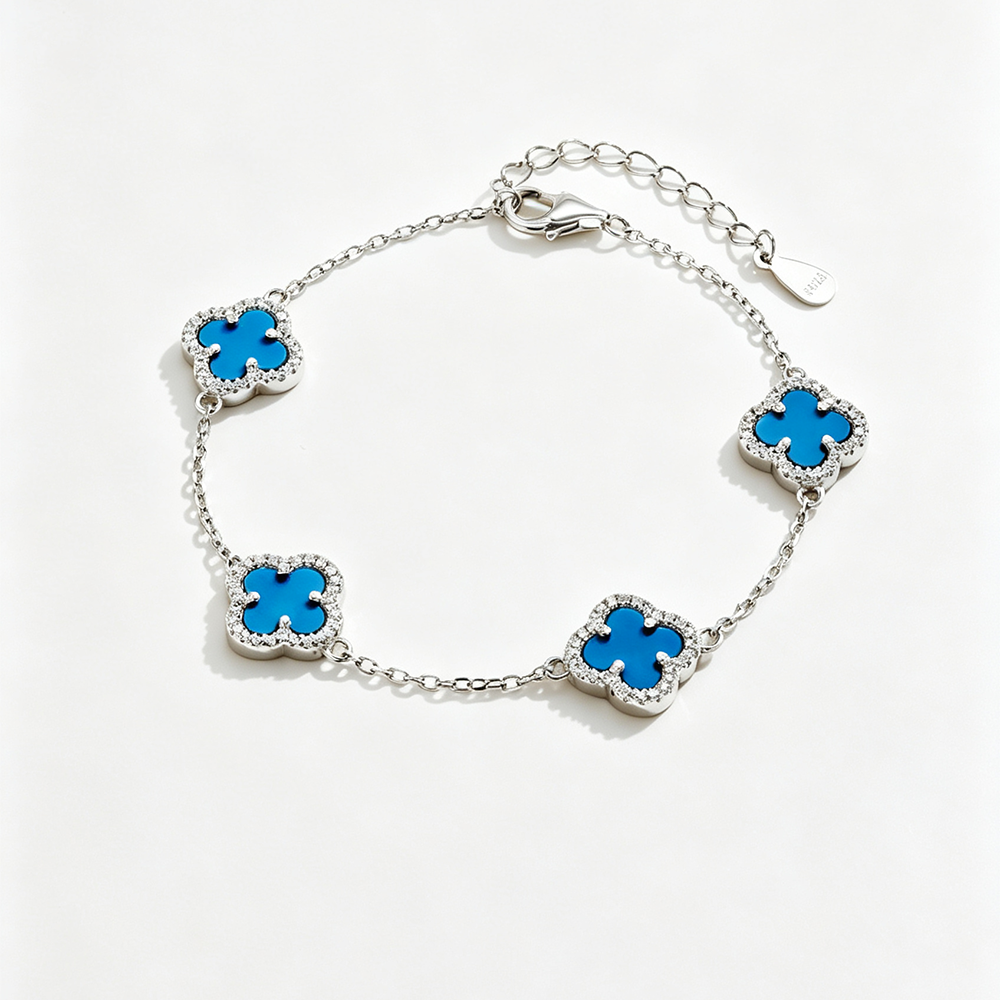 Women's Delicate Bracelet, Turquoise & Round White Zirconia Inlay Clover Design, S925 with White Gold Plating