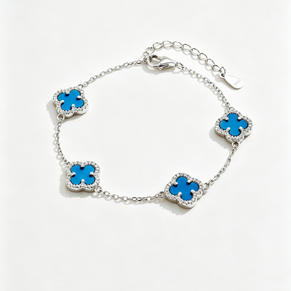 Women's Delicate Bracelet, Turquoise & Round White Zirconia Inlay Clover Design, S925 with White Gold Plating