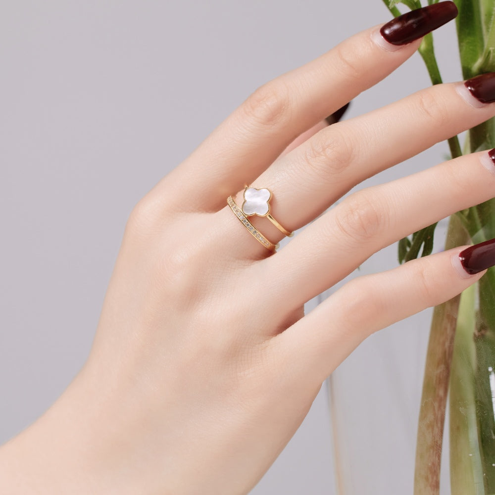 Women's Adjustable Double Layer Four‑Leaf Clover Ring With Round Zirconia & White shell Inlay, S925 with Gold Plating