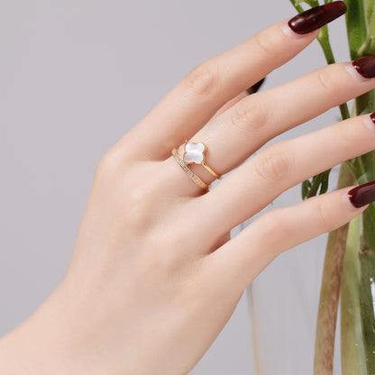 Women's Adjustable Double Layer Four‑Leaf Clover Ring With Round Zirconia & White shell Inlay, S925 with Gold Plating