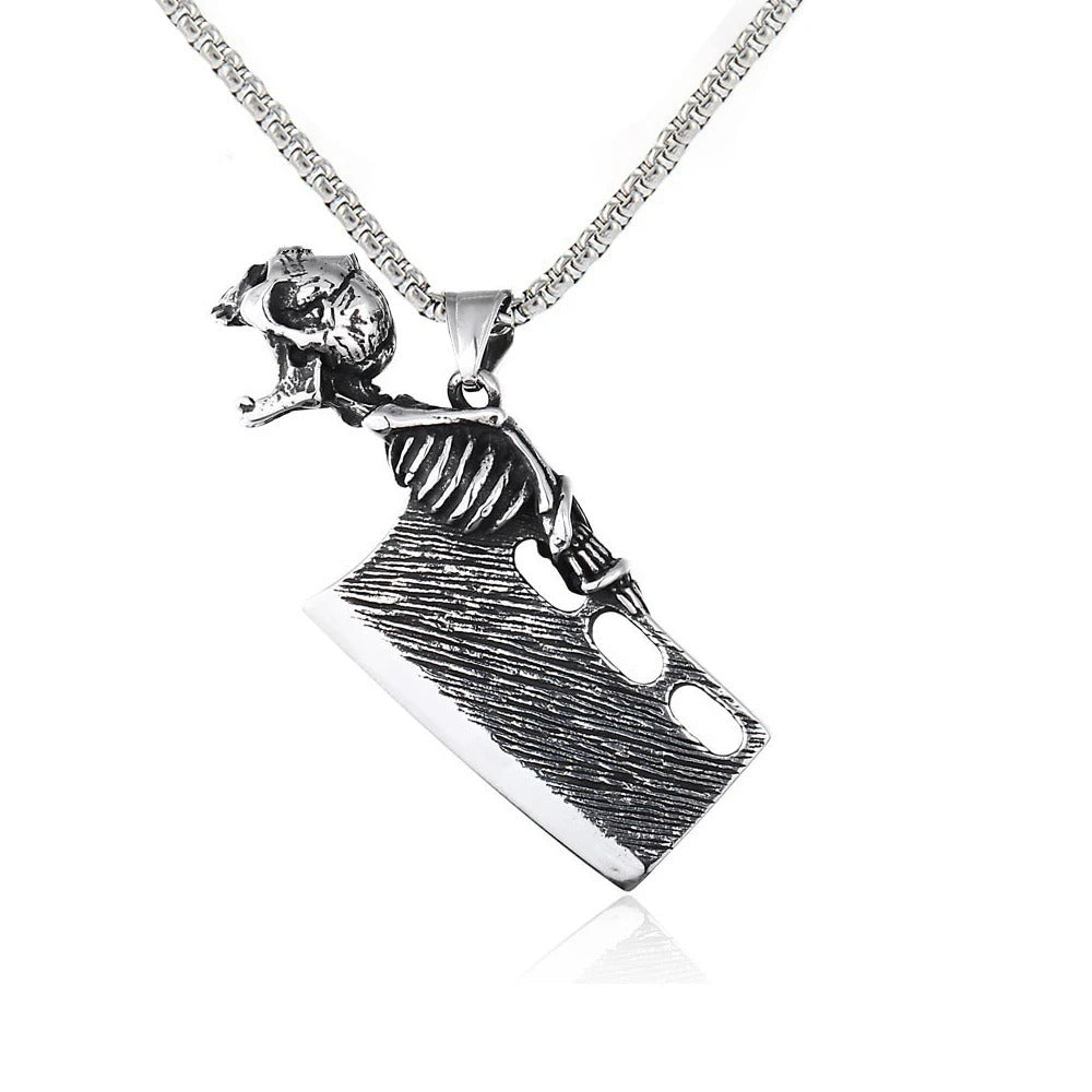 Mens Steel Skeleton Cleaver Pendant Necklace