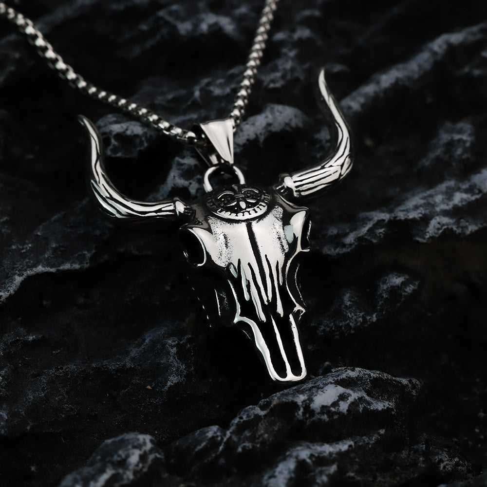 Vintage Stainless Steel Bull Head Pendant Necklace for Men