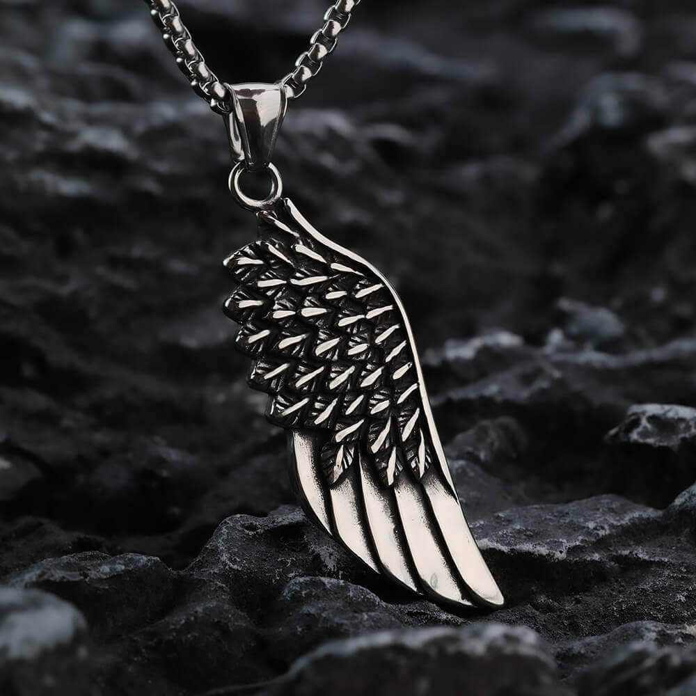 Vintage Stainless Steel Feather Wing Pendant Necklace for Men