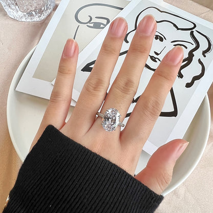 Women's Prong Set Oval Solitaire Zirconia Ring, S925 with White Gold Plating, Pave Band