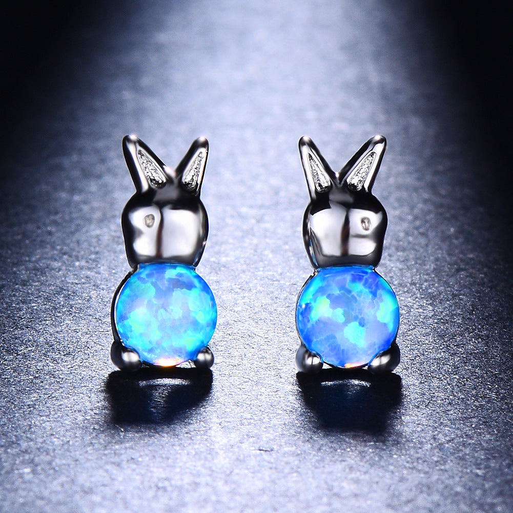Women's Rabbit‑Shape Stud Earrings, Blue Opal / White Opal Inlay