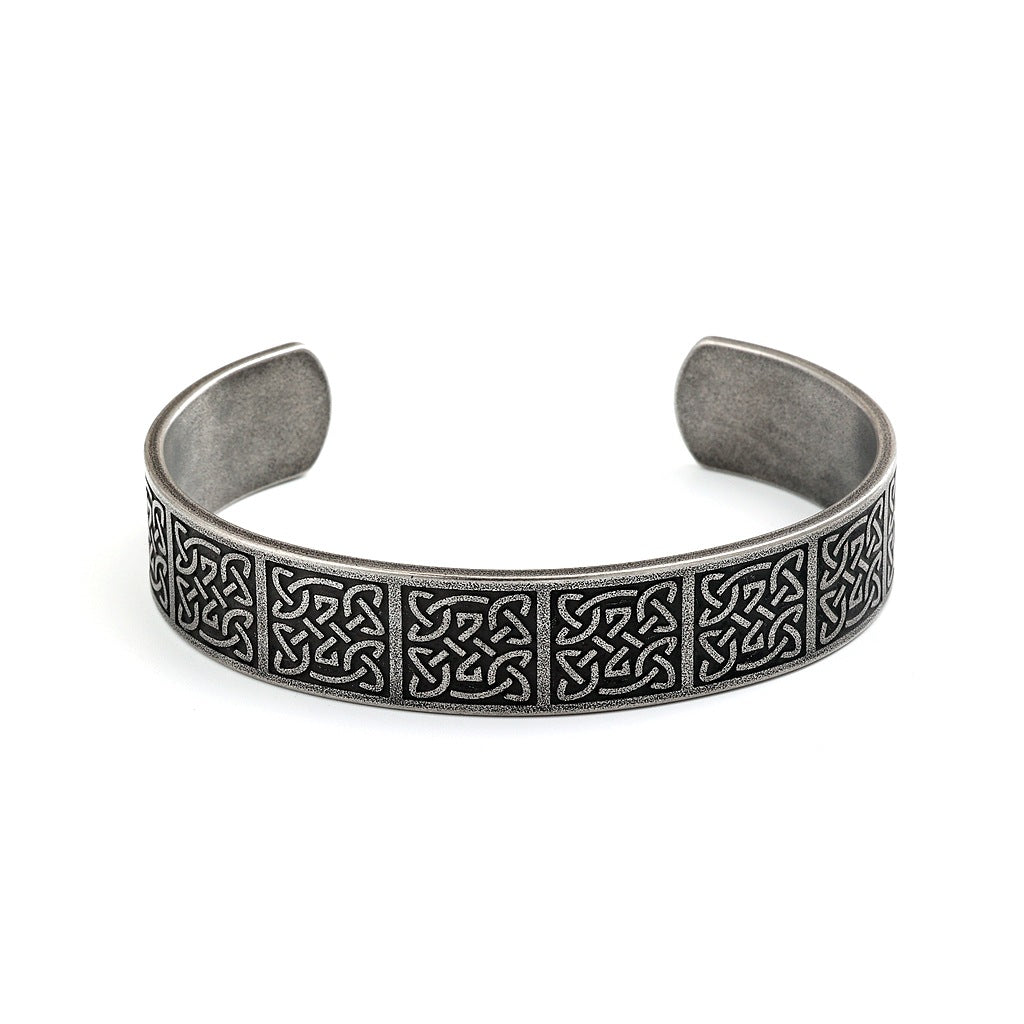Men's Vintage Distressed Stainless Steel Cuff Bracelet, Nordic Viking Pirate Celtic Knot Open C Bangle