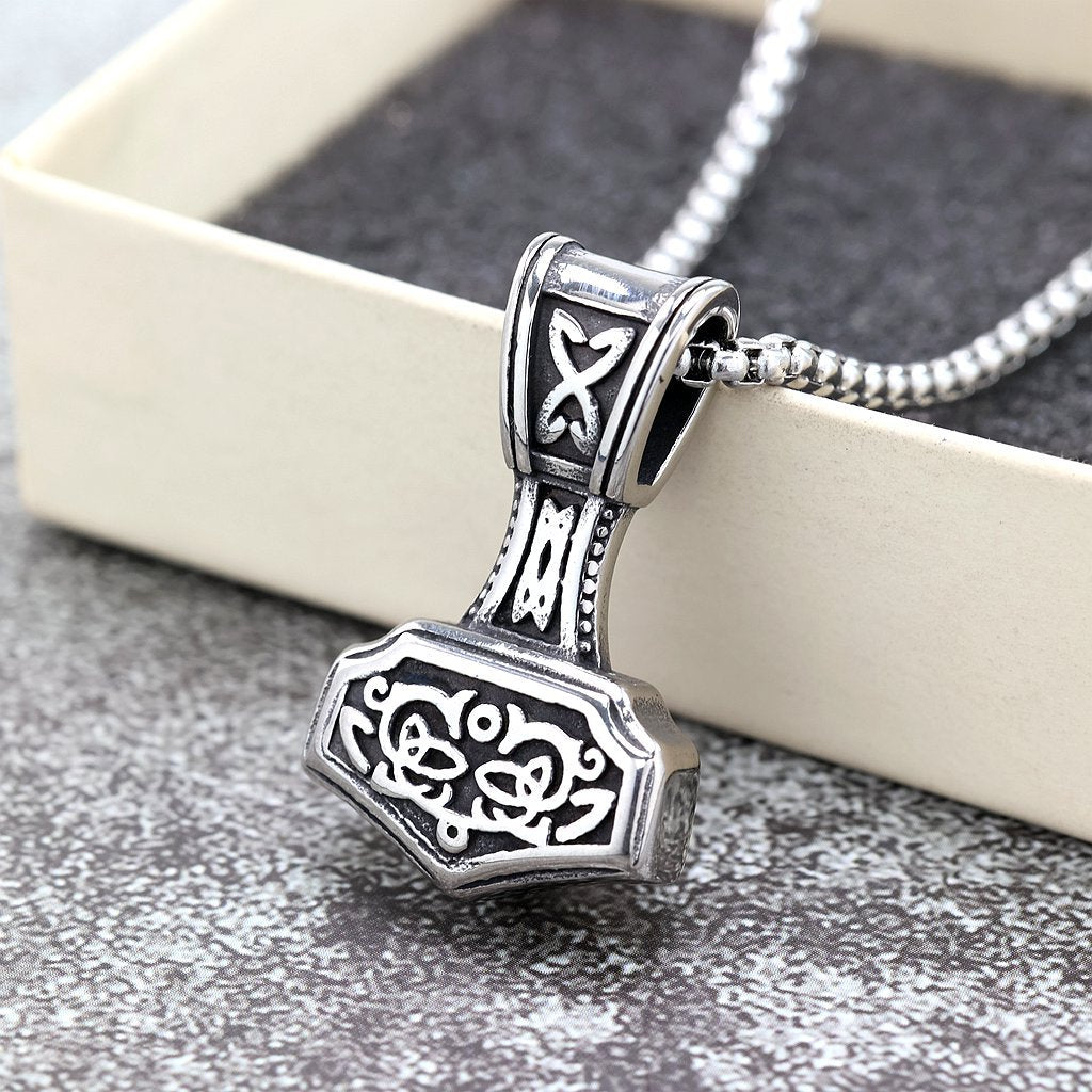 Vintage Antique Oxidized Stainless Steel Men's Viking Mjolnir Rune Totem Pendant Necklace