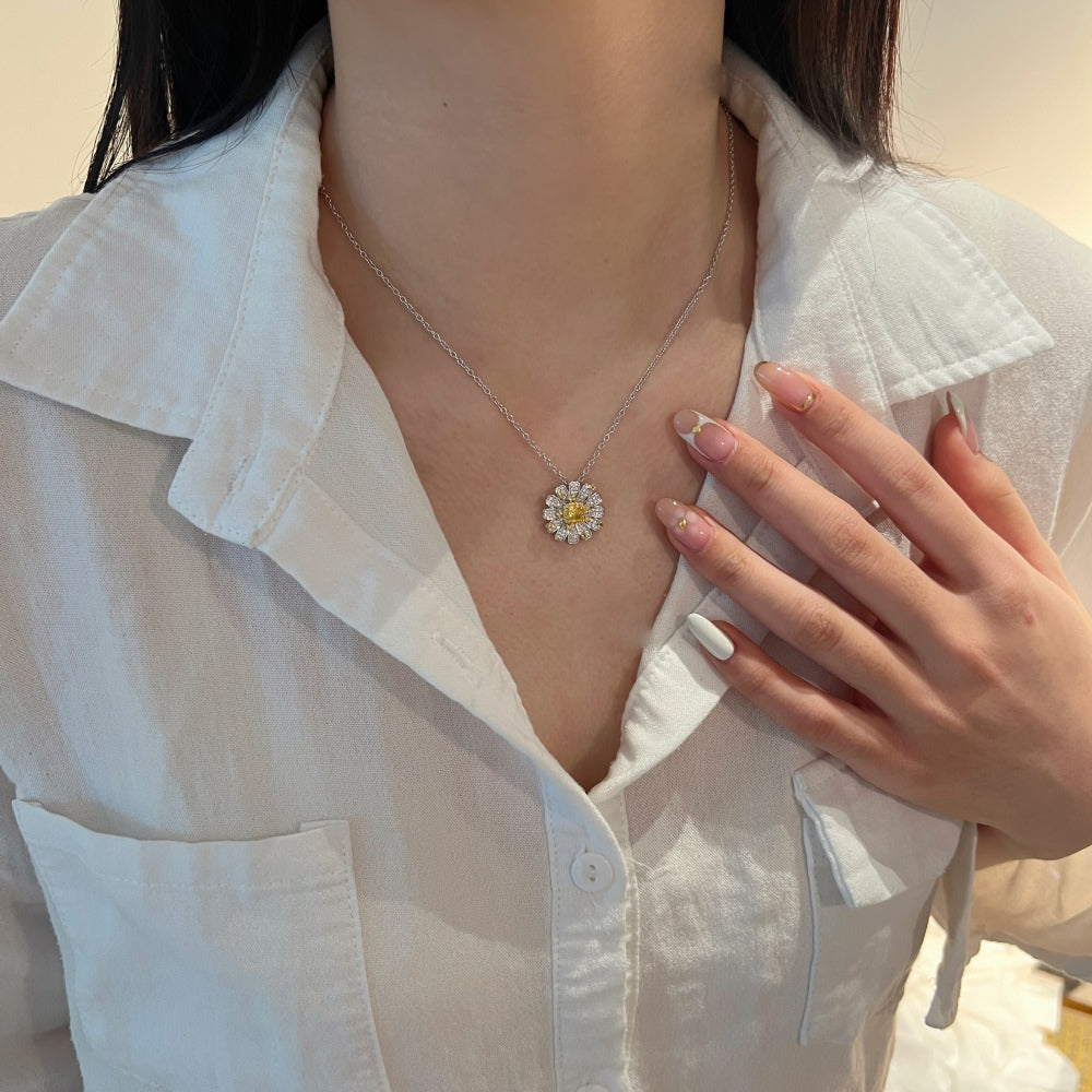 Women's Pendant Necklace, Square Shape Crushed Ice Cut Yellow Sapphire & Round Zirconia Sunflower Inlay, S925 with White Gold Plating