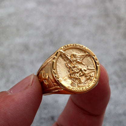 Vintage Solid Stainless Steel Archangel Saint Michael Dragon Slayer Round Signet Ring for Men