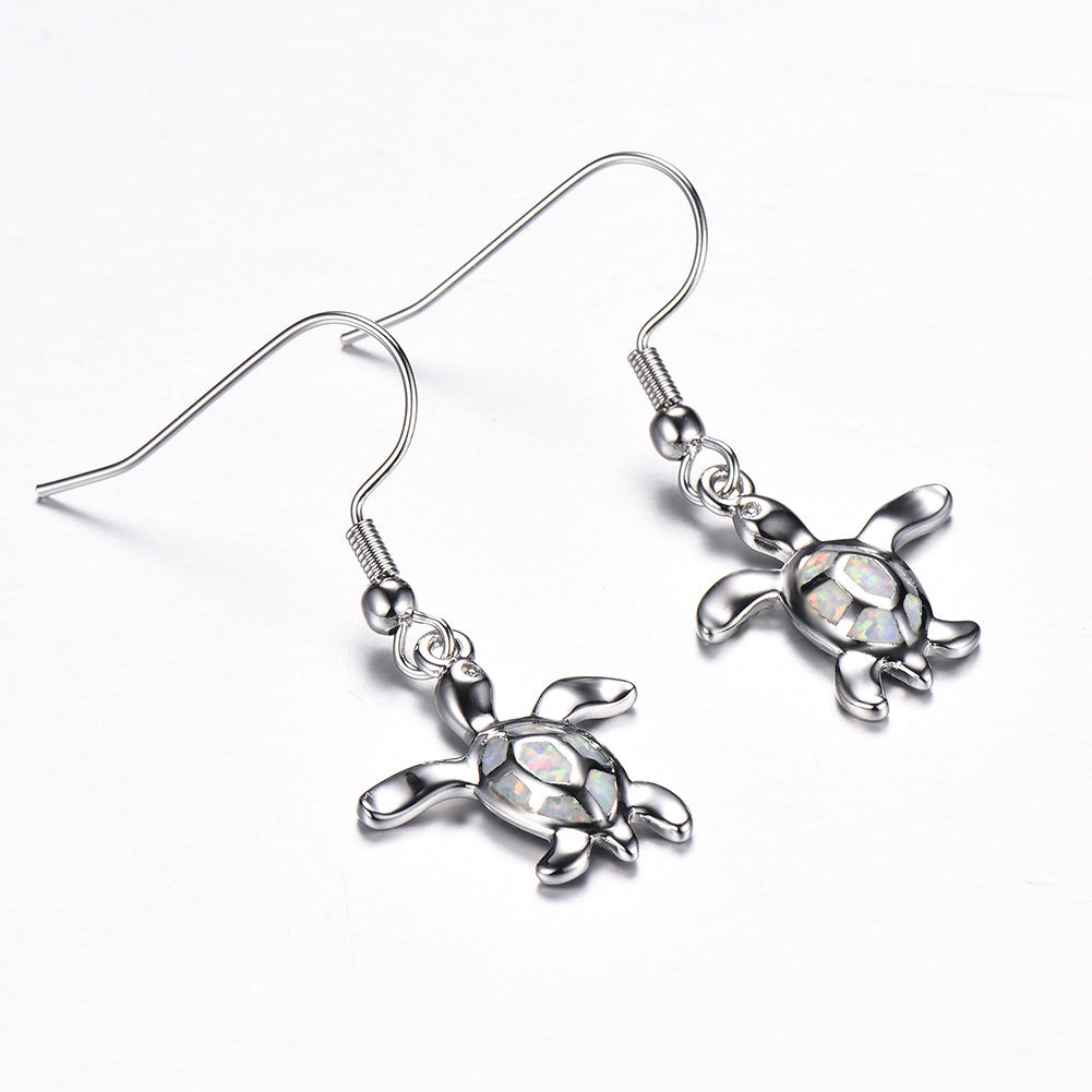 Women's Sea Turtle Shape Opal Dangle Earrings, Blue Opal / White Opal