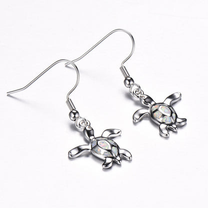 Women's Sea Turtle Shape Opal Dangle Earrings, Blue Opal / White Opal