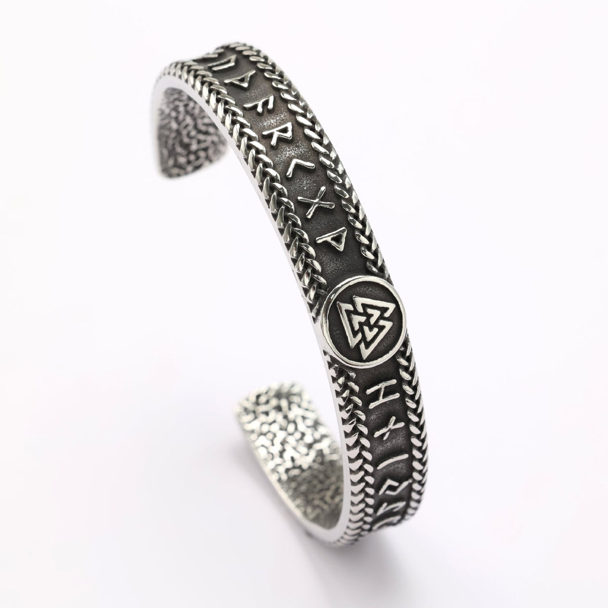 Vintage Viking Symbols Solid Stainless Steel Open C Bracelet for Men, European Retro Cuff Bangle
