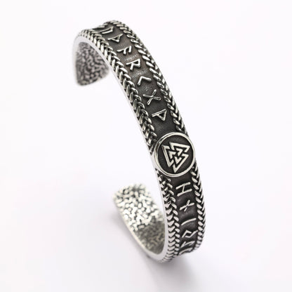 Vintage Viking Symbols Solid Stainless Steel Open C Bracelet for Men, European Retro Cuff Bangle