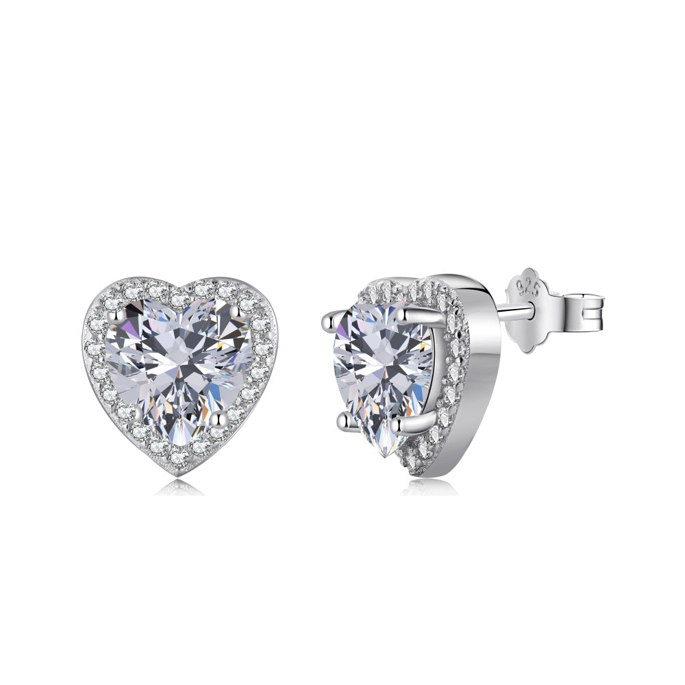 Women's Heart Halo Stud Earrings, Heart‑Shape Main Zirconia With Round Zirconia Halo, S925 with White Gold Plating