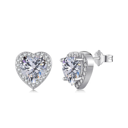 Women's Heart Halo Stud Earrings, Heart‑Shape Main Zirconia With Round Zirconia Halo, S925 with White Gold Plating