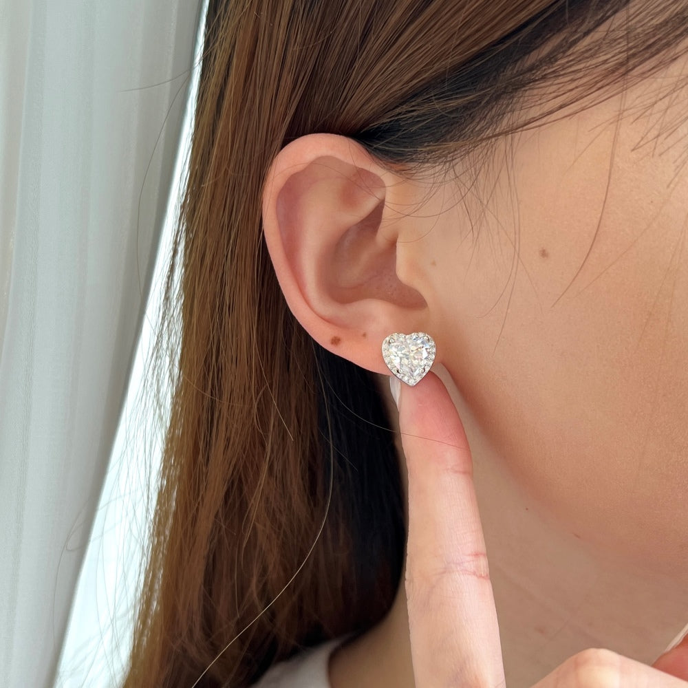 Women's Heart Halo Stud Earrings, Heart‑Shape Main Zirconia With Round Zirconia Halo, S925 with White Gold Plating