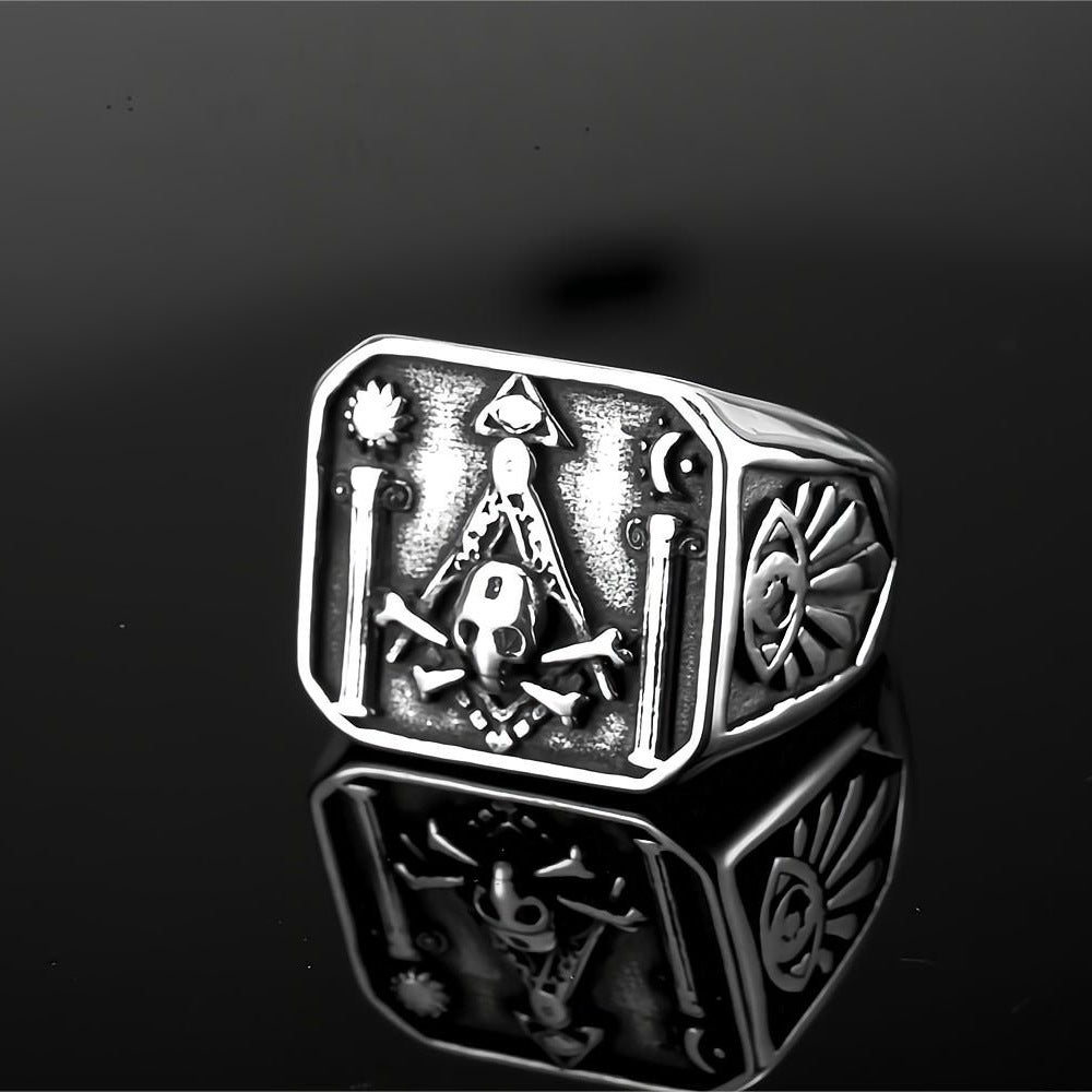 Vintage Stainless Steel AG Masonic Skull Square Statement Ring for Men