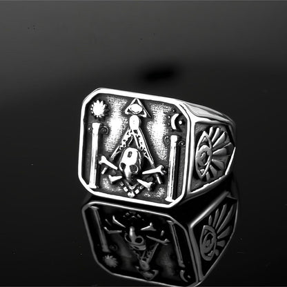 Vintage Stainless Steel AG Masonic Skull Square Statement Ring for Men