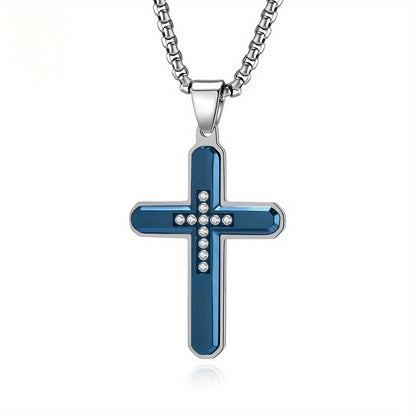 Men's Hexagonal Faceted Gem-Set Two-Tone Cross Pendant Necklace