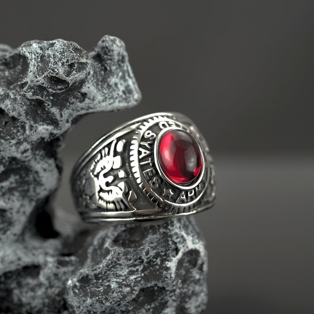 Vintage Solid Stainless Steel Inlaid Red Stone Dual Gun Letter Symbol Band Ring for Men