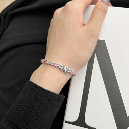 Women's Delicate Bracelet, Multicolor Baguette Zirconia Arranged Inlay, S925 with White Gold Plating