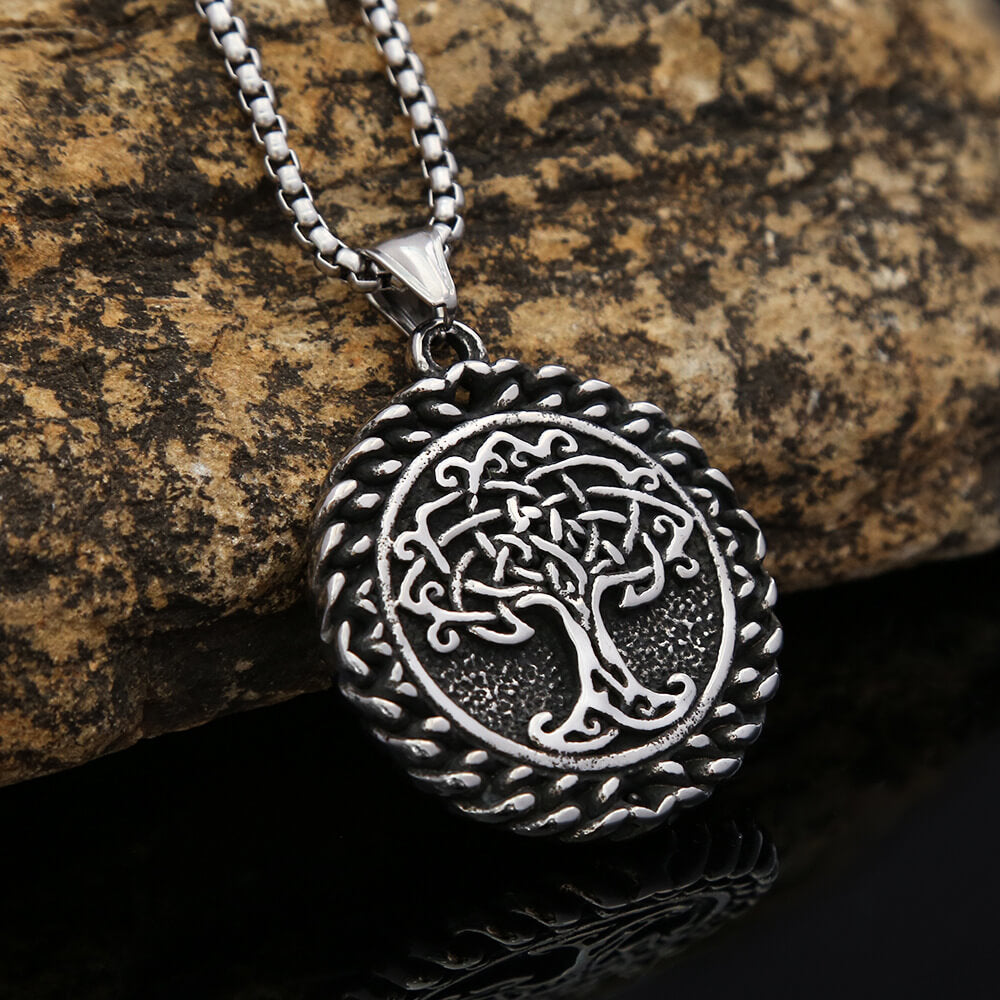 Men's Steel Vintage Viking Tree of Life Round Pendant Necklace