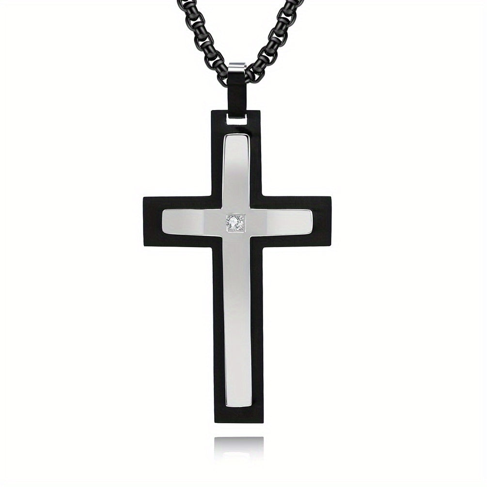 Men's Double-Layered Four-Sided Chamfered Zircon-Encrusted Cross Pendant Necklace