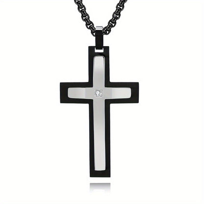 Men's Double-Layered Four-Sided Chamfered Zircon-Encrusted Cross Pendant Necklace