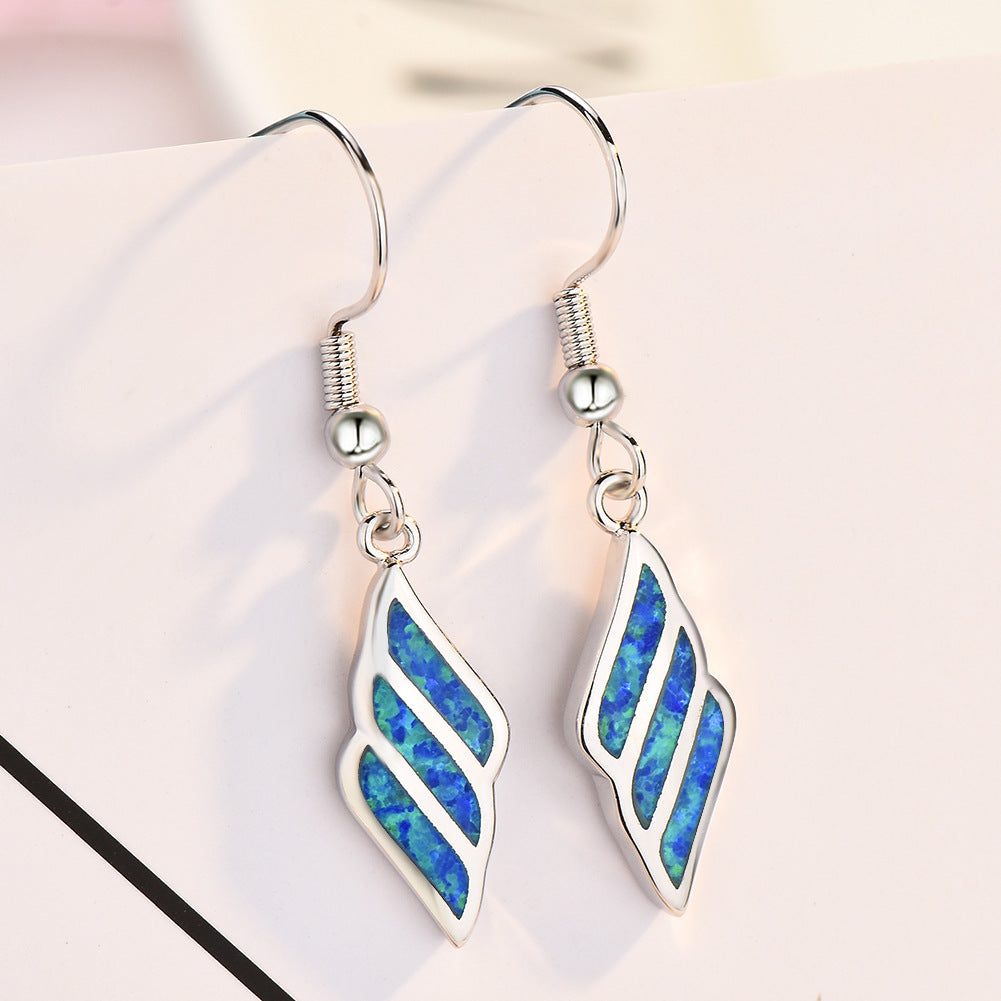 Women's Wing‑Shape Hook Dangle Earrings, Blue Opal Inlay, with White Gold Plating