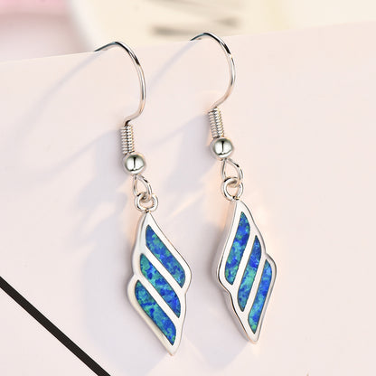 Women's Wing‑Shape Hook Dangle Earrings, Blue Opal Inlay, with White Gold Plating