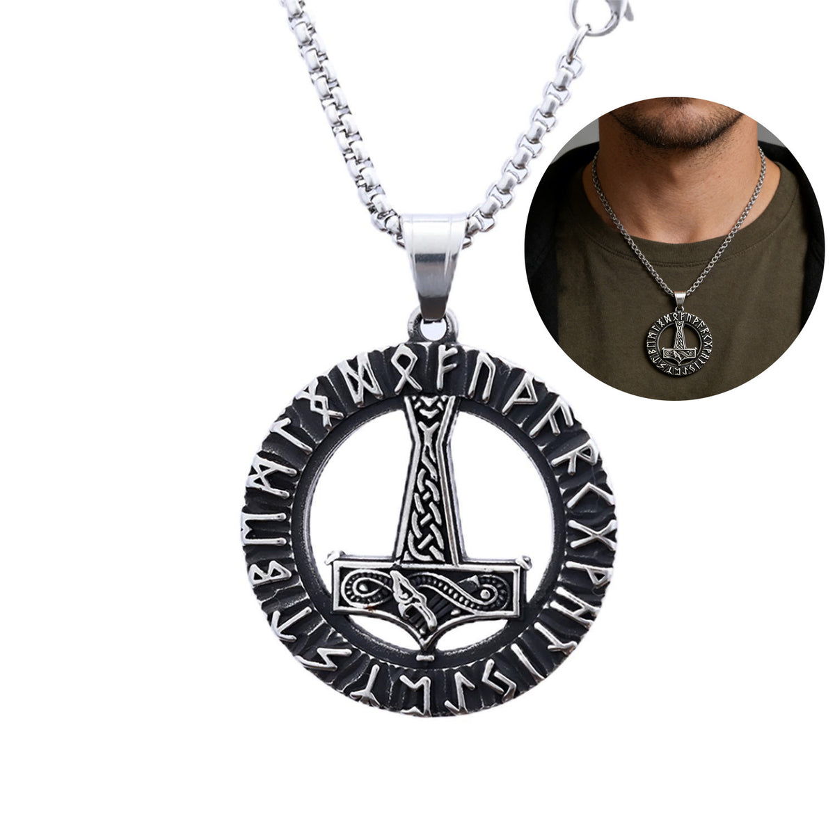 Men's Steel Viking Runes Mjolnir Round Pendant Necklace
