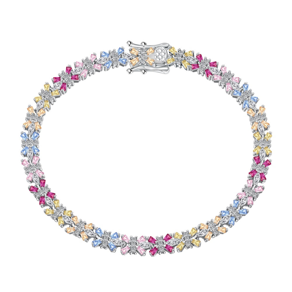 Women's Delicate Bracelet, Petal Shape Design Multicolor Baguette Zirconia Inlay, S925 with White Gold Plating