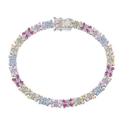 Women's Delicate Bracelet, Petal Shape Design Multicolor Baguette Zirconia Inlay, S925 with White Gold Plating