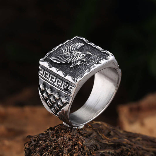 Vintage Solid Stainless Steel Eagle Embossed Square Signet Ring for Men