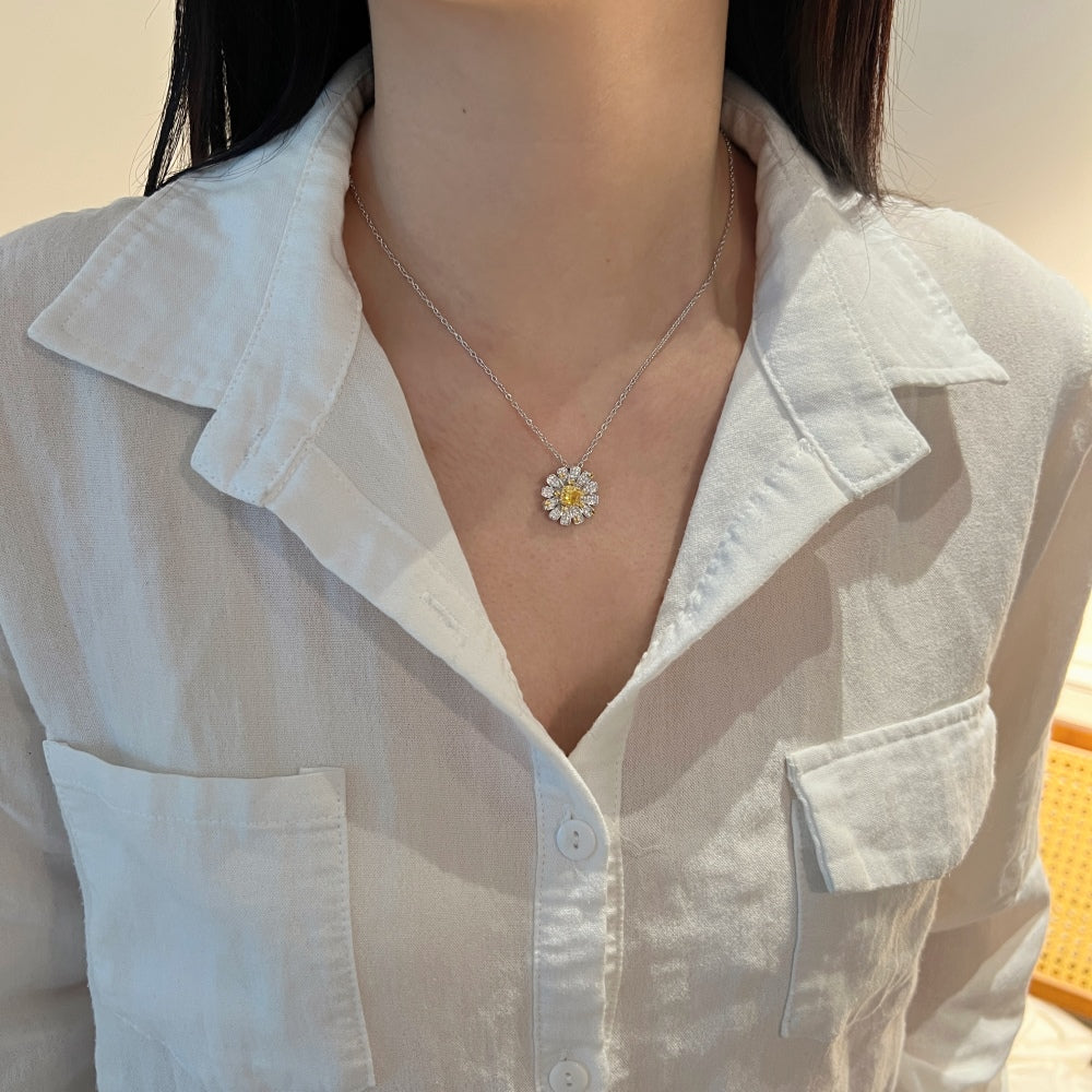 Women's Pendant Necklace, Square Shape Crushed Ice Cut Yellow Sapphire & Round Zirconia Sunflower Inlay, S925 with White Gold Plating