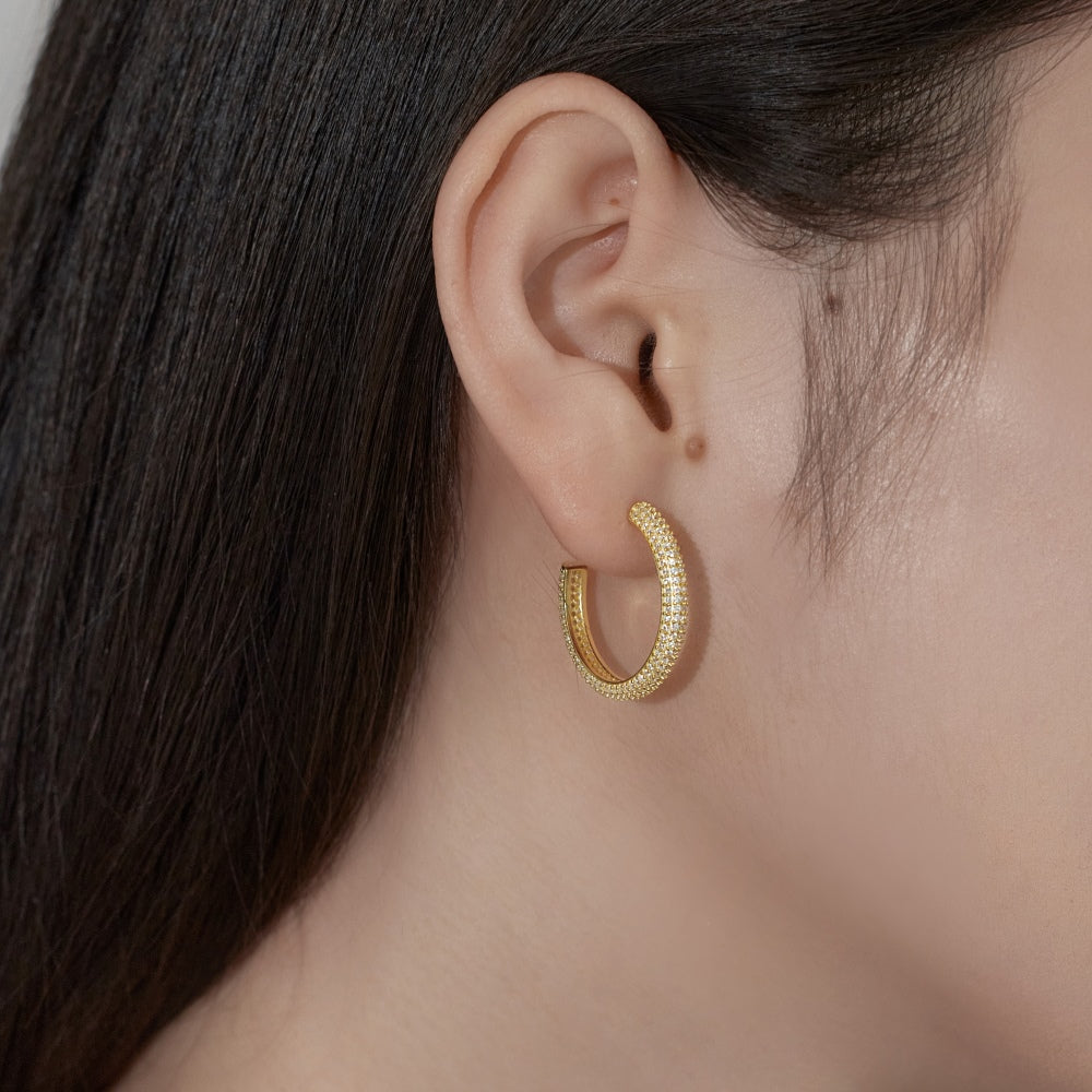 Women's Delicate 11 mm Round Huggie Earrings, Full Paved Round Zirconia, S925 with 18K Gold Plating