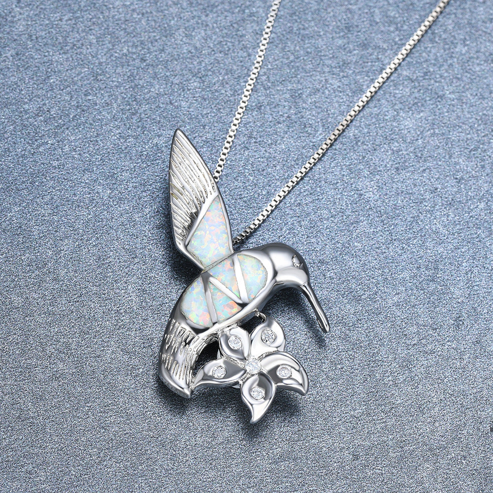 Opal bird + flower necklace